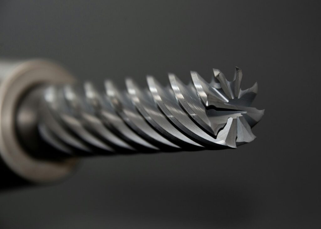 Close-up view of a precision-engineered solid carbide tool designed for high-speed machining applications.