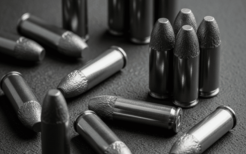 Flatlay of textured tungsten carbide bullets on a dark surface.